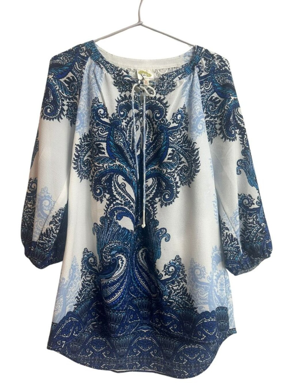 Fig & Flower Paisley Tunic Top Lace Back Tie Neck Boho Blue White Small
